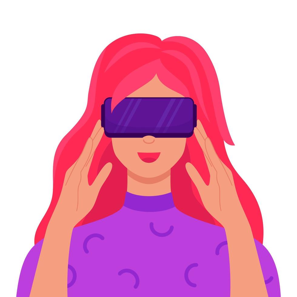 VR and AR technology metaverse concept. Woman wearing virtual reality headset and headphones. Digital world simulation, innovation network experience, gaming, education. Futuristic lifestyle. Vector