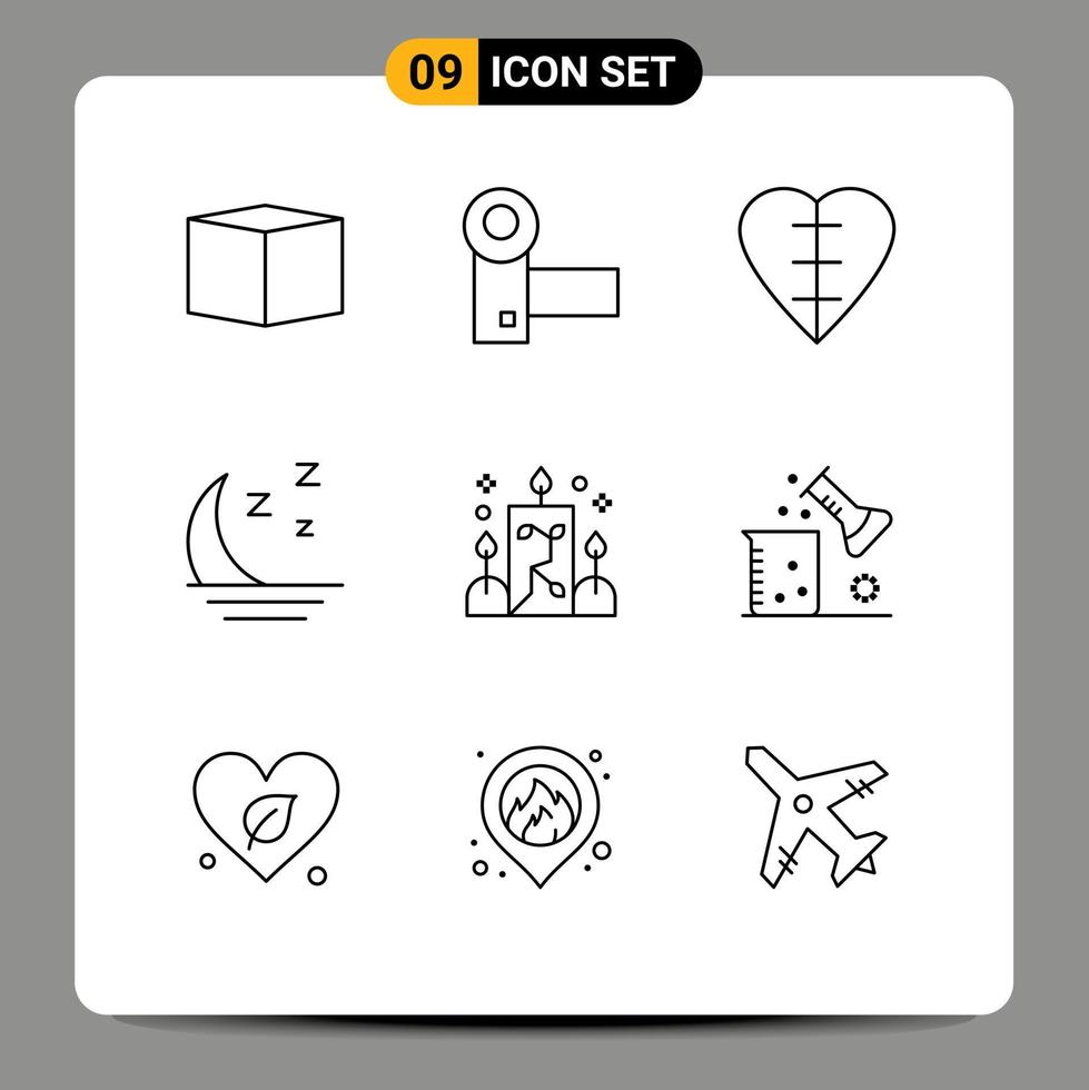 Modern Set of 9 Outlines Pictograph of illumination night heart nature foggy Editable Vector Design Elements
