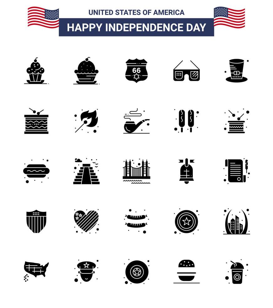 conjunto de 25 glifos sólidos vectoriales el 4 de julio, día de la independencia de estados unidos, como presidentes de tambores, sombrero de seguridad, elementos de diseño vectorial editables del día de estados unidos vector