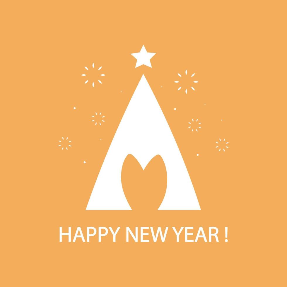 New year greeting card in minimalism. Silhouettes of rabbit ears and christmas tree with star, Happy New Year greetings on a orange background. Vector illustration.