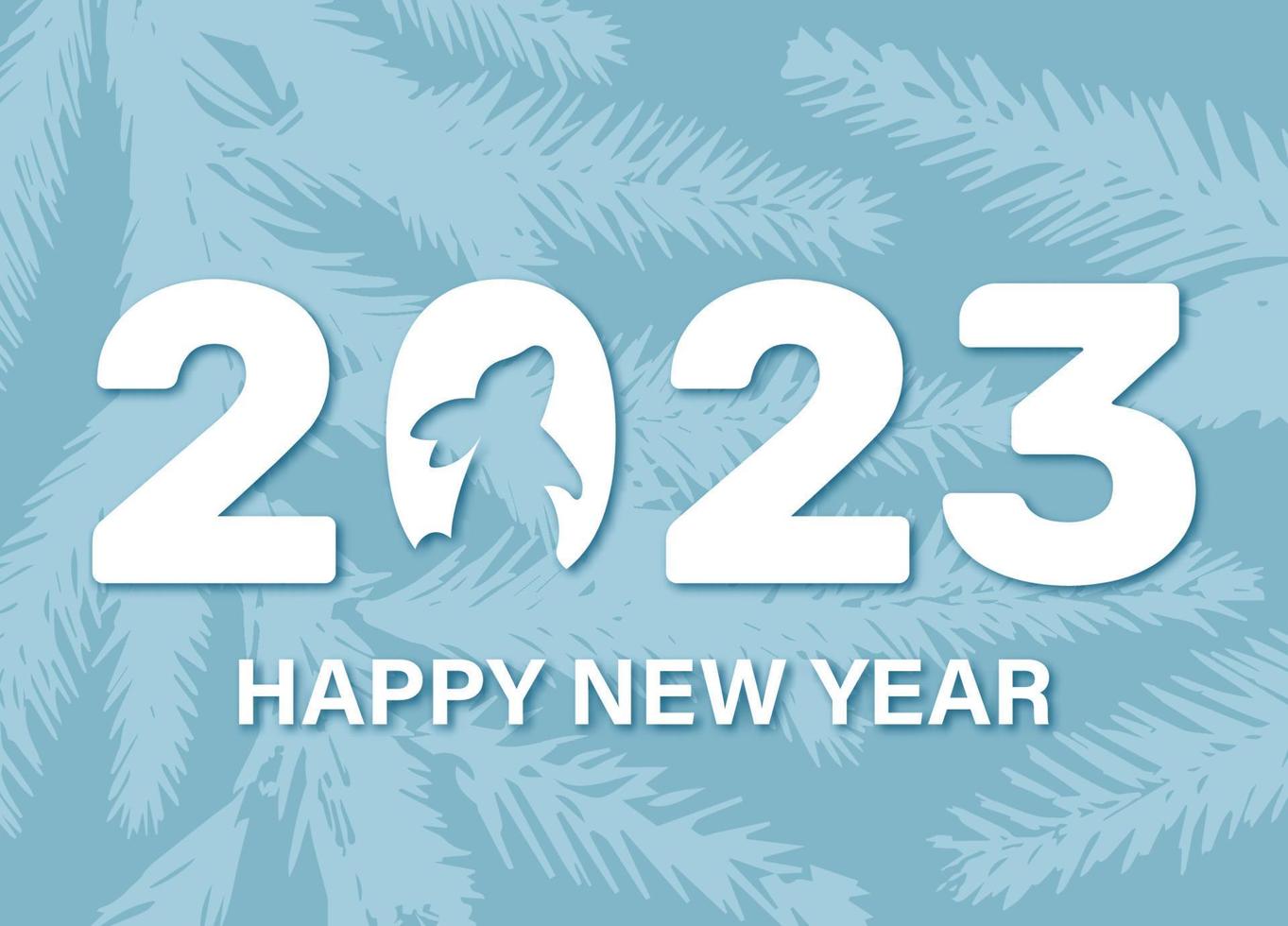 Happy New Year. 2023 year of the rabbit zodiac sign. White inscription with a carved bunny on a blue background with a silhouette of a Christmas tree. Vector illustration.