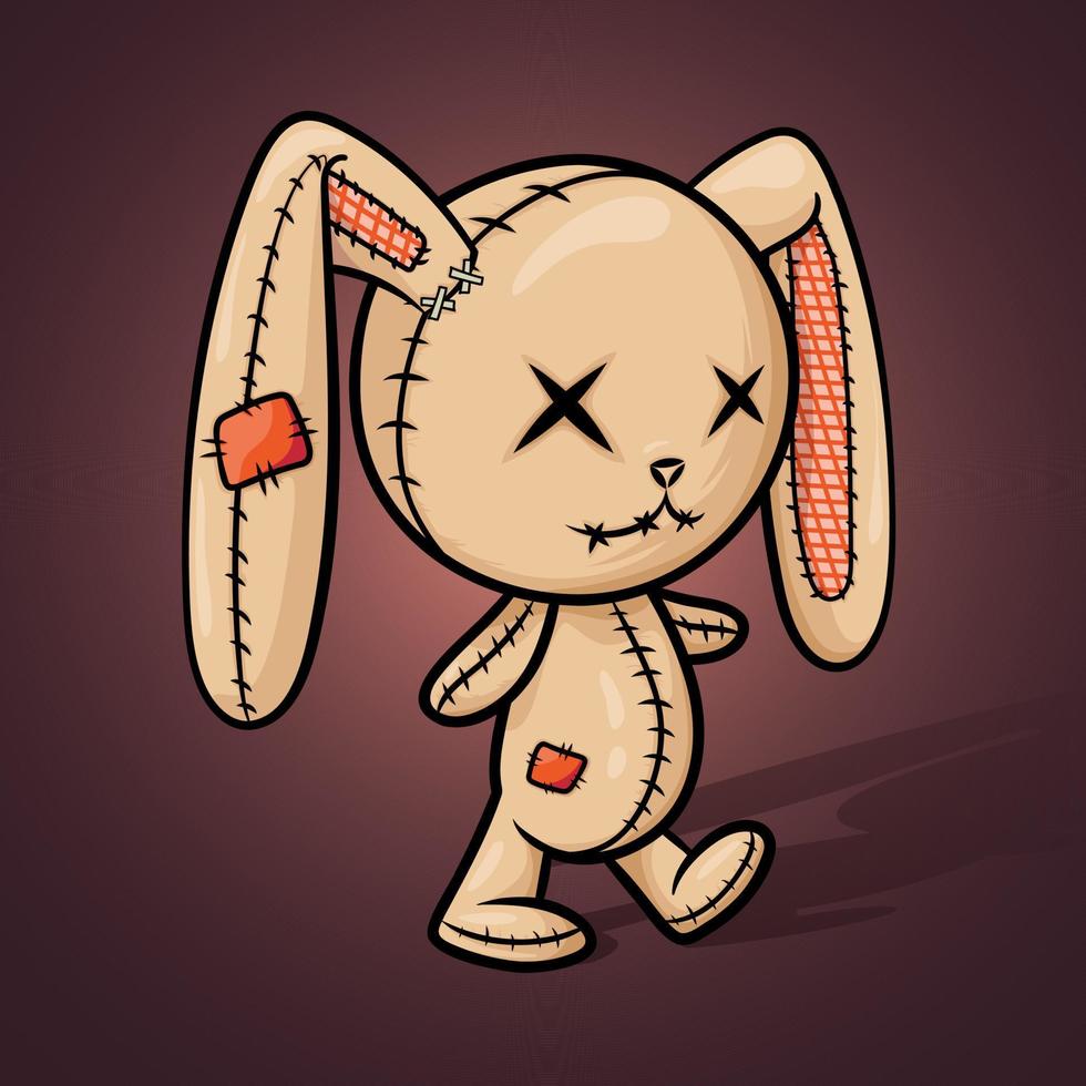 Crazy voodoo rabbit. Colored cute evil rabbit on a dark background with backlight and creepy shadow, halloween decoration. Sewn voodoo bunny walking through. Stitched thread funny zombie monster vector