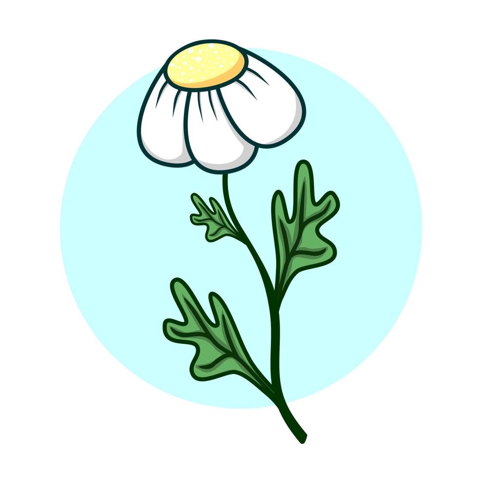 Cartoon Camomile icon on blue round background for Ad Medicine and Health Care Concept. Flat Design Style. Vector illustration of Chamomile
