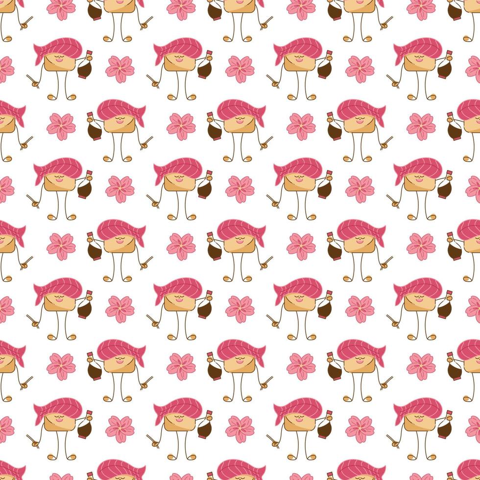 Sushi pattern2. Seamless pattern with cute sushi character. Cartoon vector illustration.