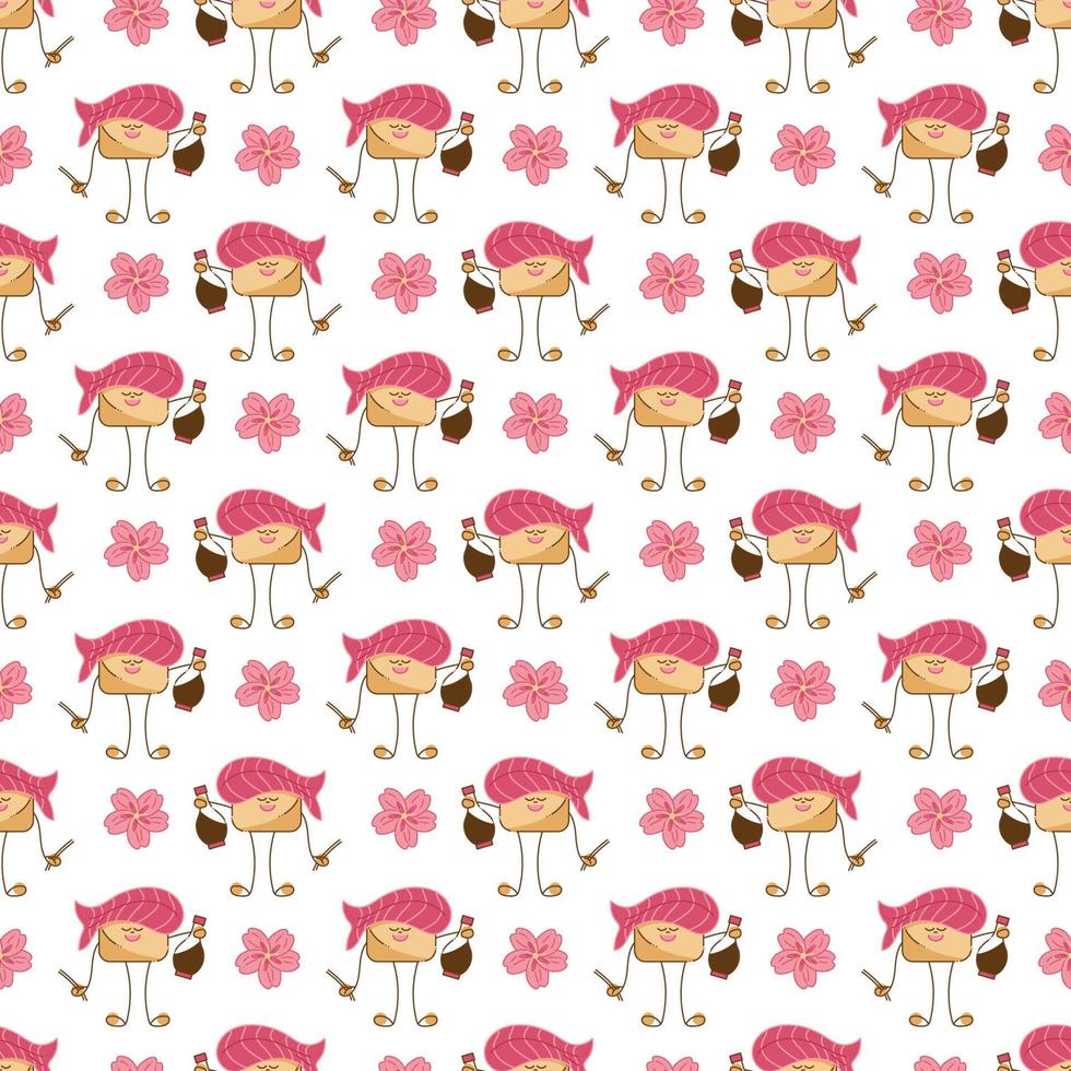 Sushi pattern2. Seamless pattern with cute sushi character. Cartoon vector illustration.