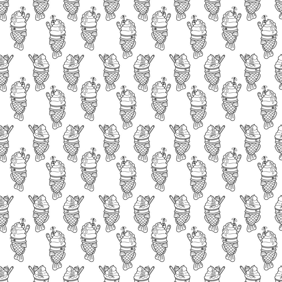 Taiyaki two pattern8. Cute Asian sweet stuffed fish with ice cream. Cartoon white and black vector illustration.