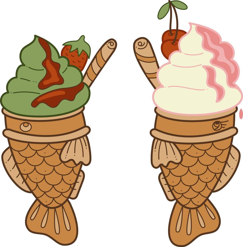 taiyaki dos doodle2. lindo pescado relleno dulce asiático con helado. ilustración de vector de color de dibujos animados.