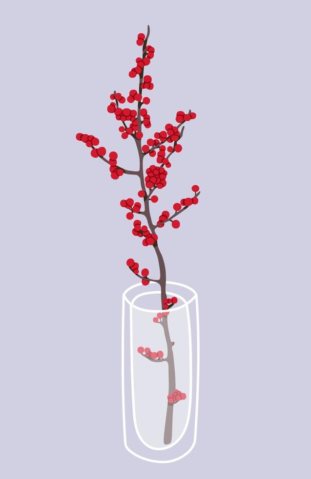 Glass vase with ilex branch in it. Hand drawn floral illustration. Home decor concept. Modern flat drawing for logo, pattern, web and app design. vector