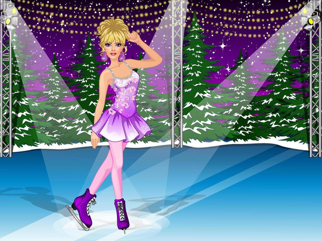 Cartoon Girl goes Ice Skating on Ice Rink Background Scene. Vector Illustration