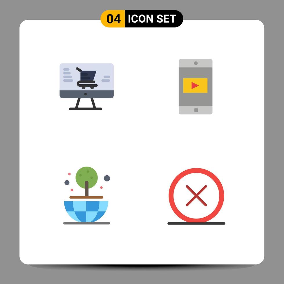 4 Universal Flat Icons Set for Web and Mobile Applications monitor world application video close Editable Vector Design Elements