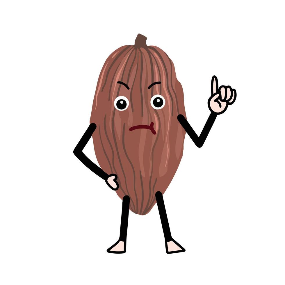 Mad Chocolate fruit cacao with warning pose vector illustration mascot character. Food cartoon flat art chara isolated on plain white backrgound. Natural artwork.