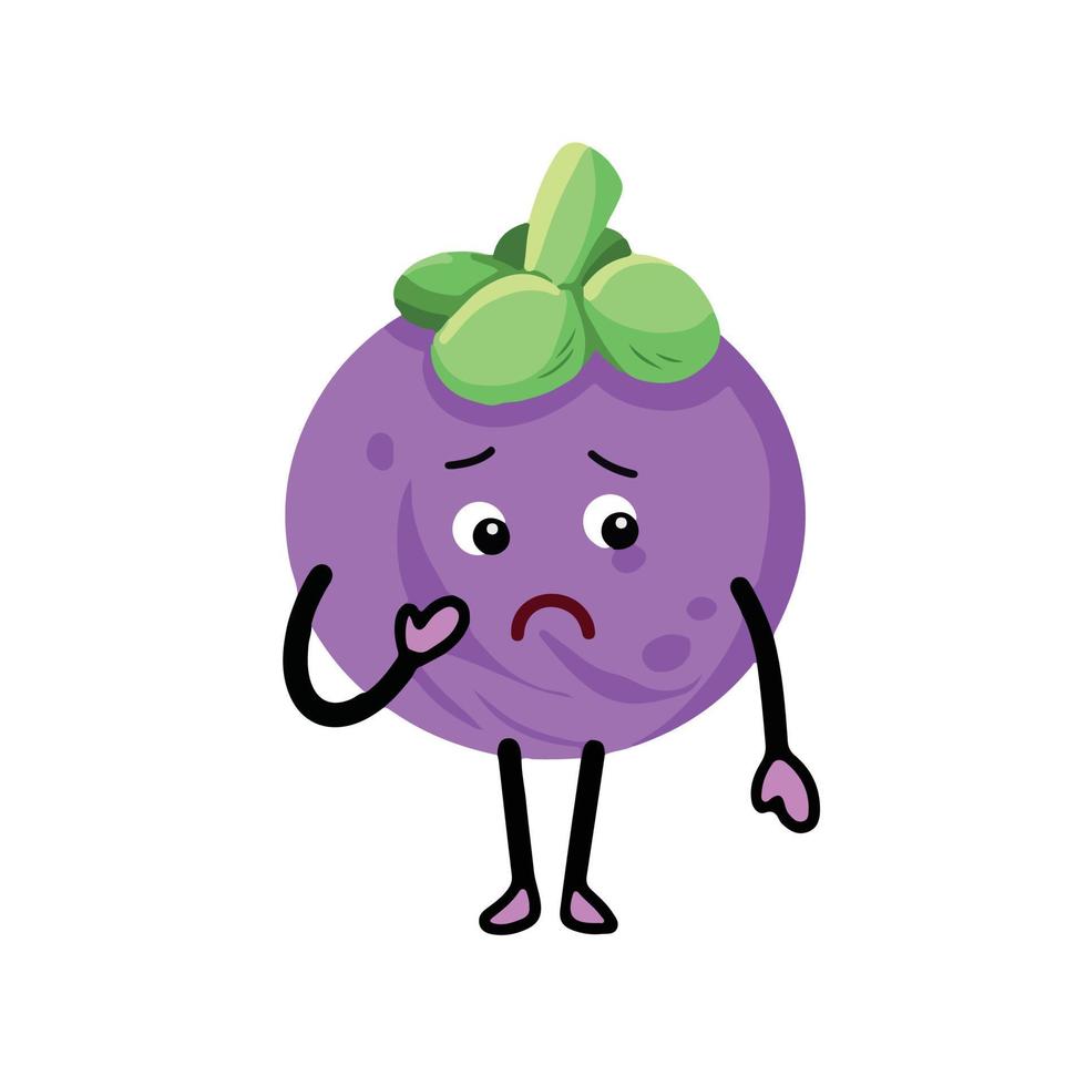 Insecure and sad mangosteen purple fruit with concerned pose vector character mascot illustration isolated on light pink background. Cartoon flat art styled artwork cute and kawaii themed drawing.