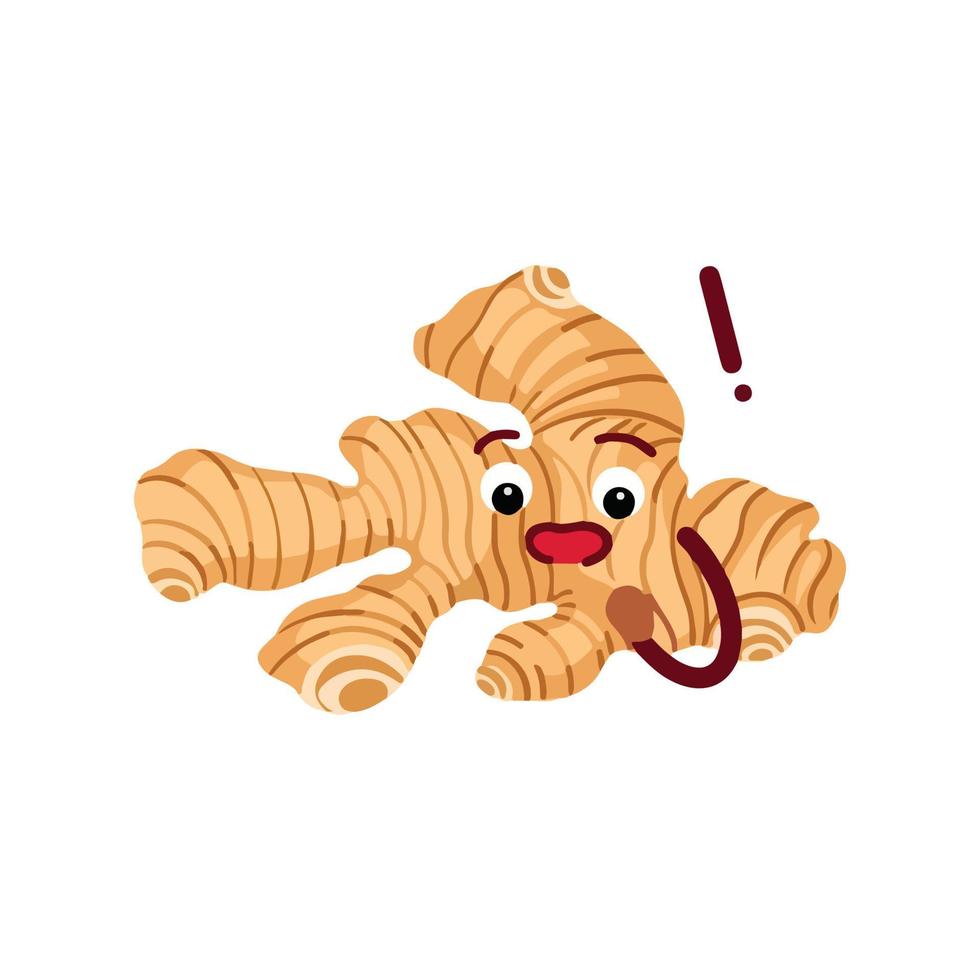 Whole raw ginger cooking ingredients vector character mascot surprised expression illustration isolated on plain background. Food pictogram drawing with cartoon simple flat art style.
