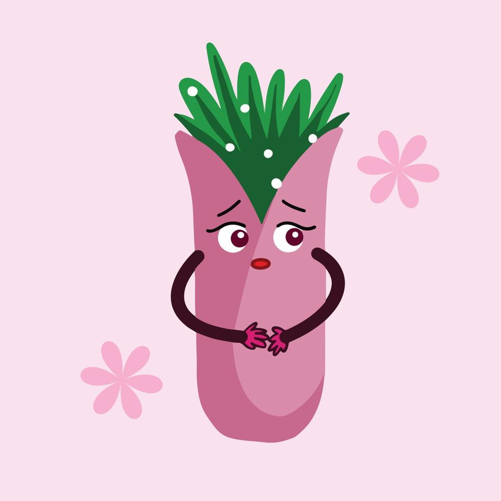 Scared and concerned flower vase with green leaves character vector illustration mascot isolated on plain pink background. Cute kawaii drawing with cartoon comic art style. Simple and flat artwork.