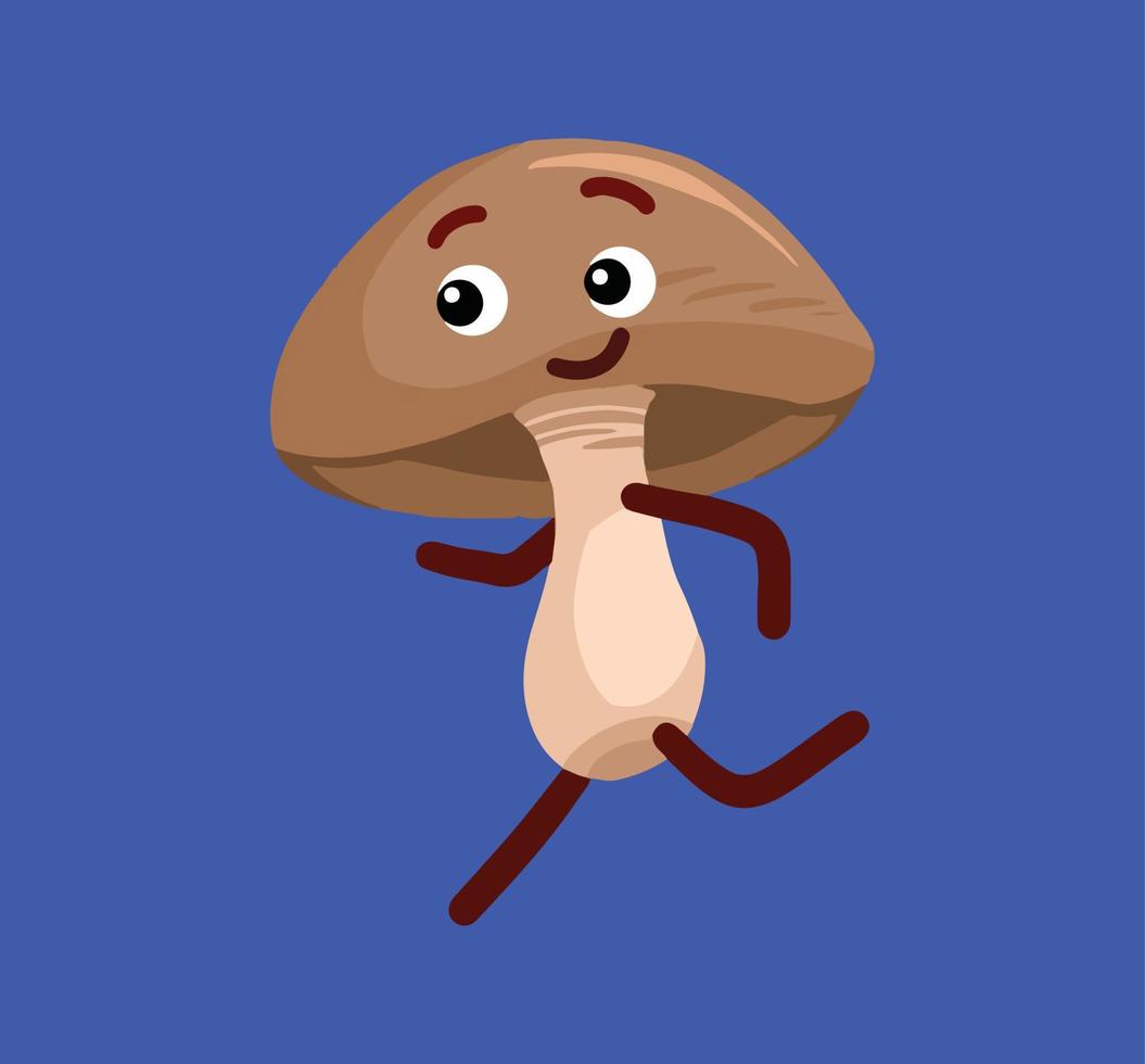 Running with excitement pose whole raw shitake mushroom fungi character vector illustration isolated on dark blue background. Food ingredients drawing with cartoon comic flat art style.