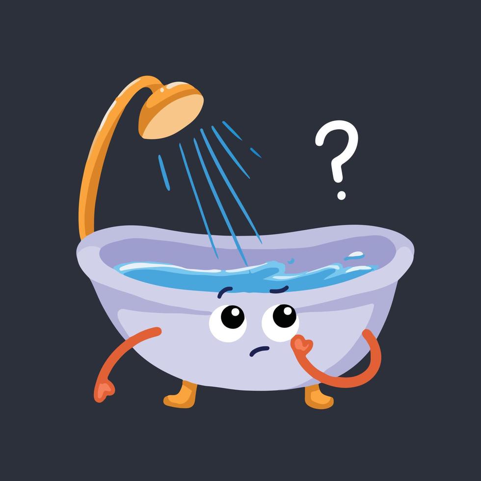 Cute confused with question mark decoration bathtub character mascot vector illustration isolated on dark background. Hygiene themed cartoon comic flat art characters with colors.