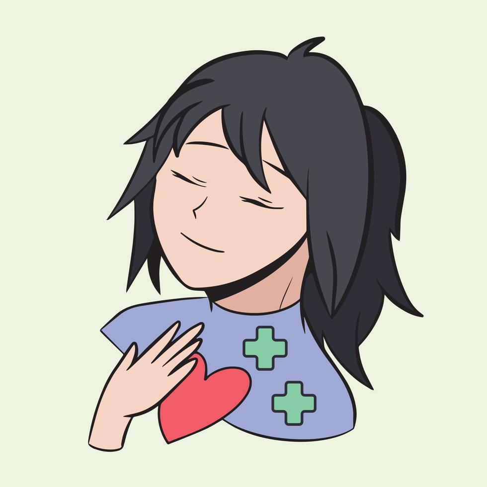 Healing heart self love themed illustration with black haired girl character vector drawing. Healthy mind and mental manga art style art isolated on square template with light green background.