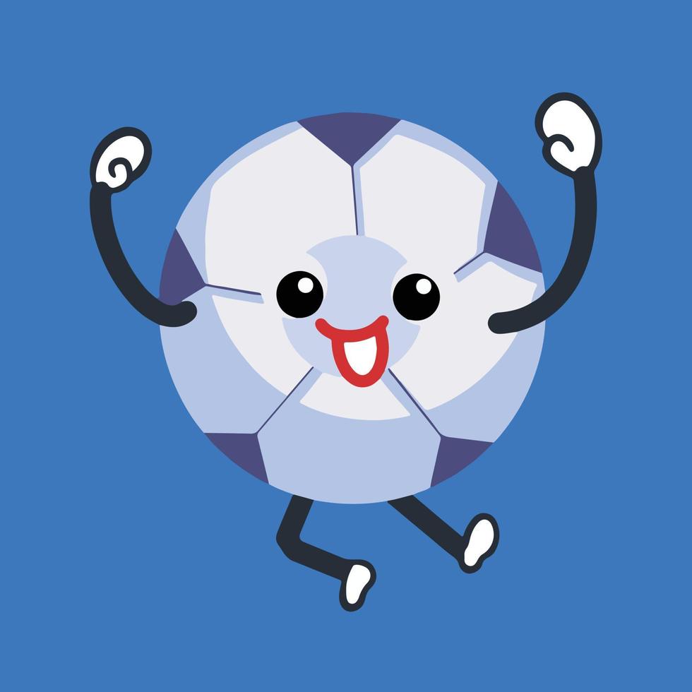 Celebrating jumping sport Soccer ball character mascot with facial expression body gesture. Vector illustration with cartoon comic flat simple art style isolated on plain blue background.
