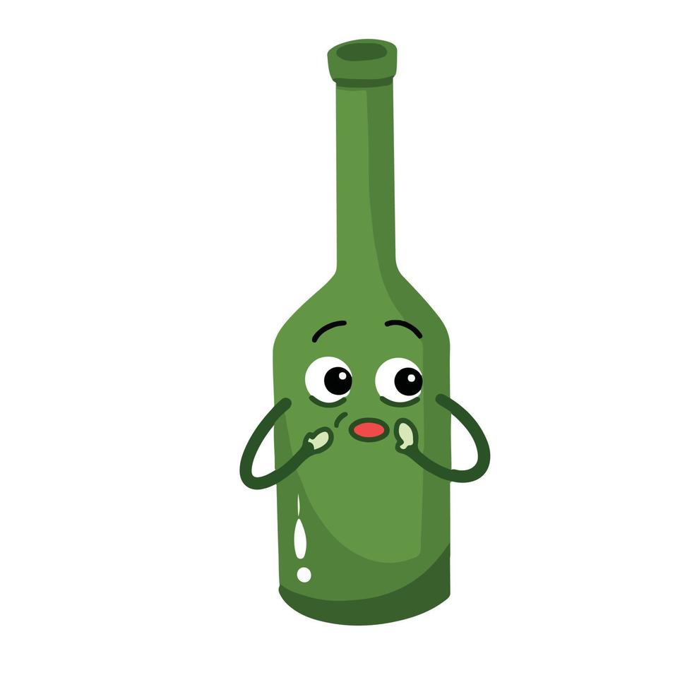 Concerned  alcohol booze green bottle character mascot vector illustration drawing isolated on white background. Bottle character comic with simple flat cartoon art style.