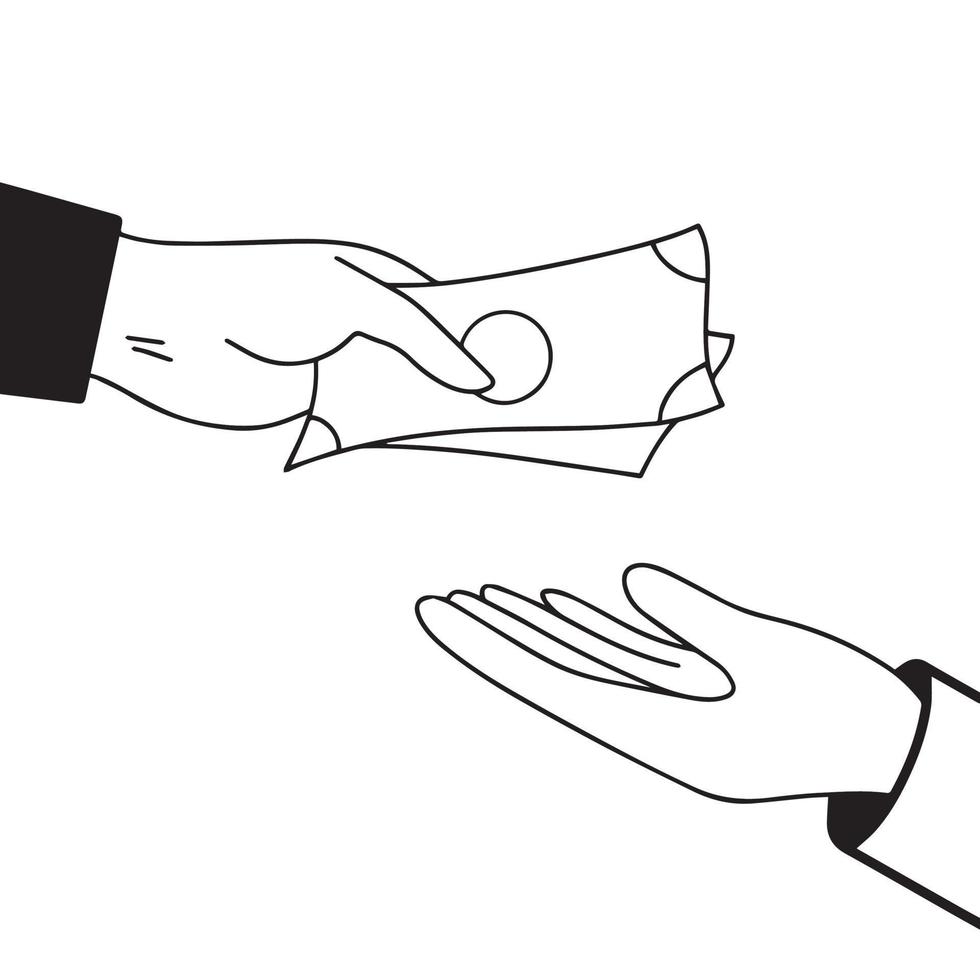 Two hands with give and take pose gesture with dollar money. Job paying salary themed icon black and white drawing vector illustration isolated on plain background. Cartoon clean line art colored art.