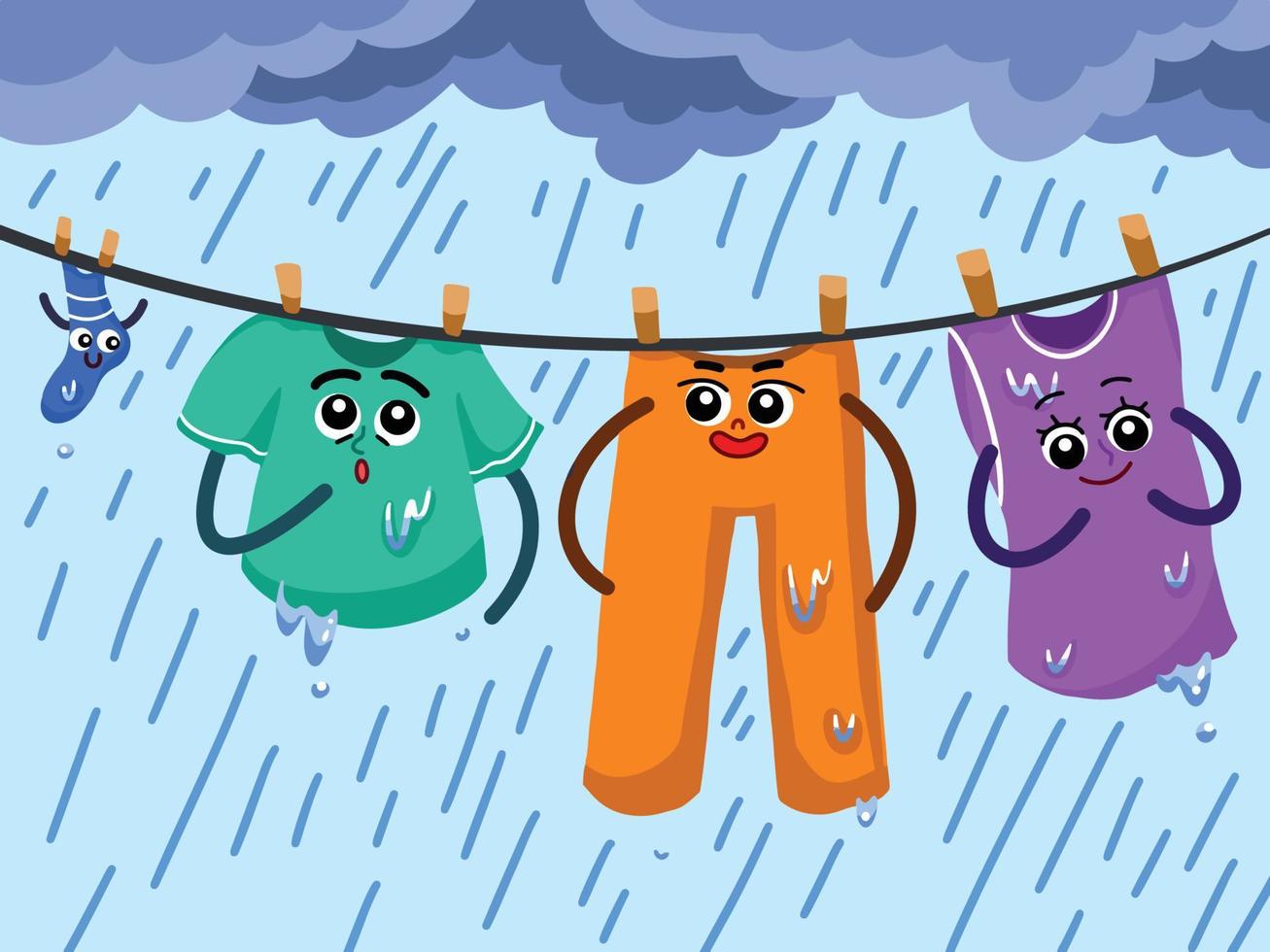 Colorful Cartoon mascot family character hanging wet clothes, pants, tank top, shirt, and sock. Drying clothes on cloth line on windy outdoor environment vector illustration with flat style drawing.