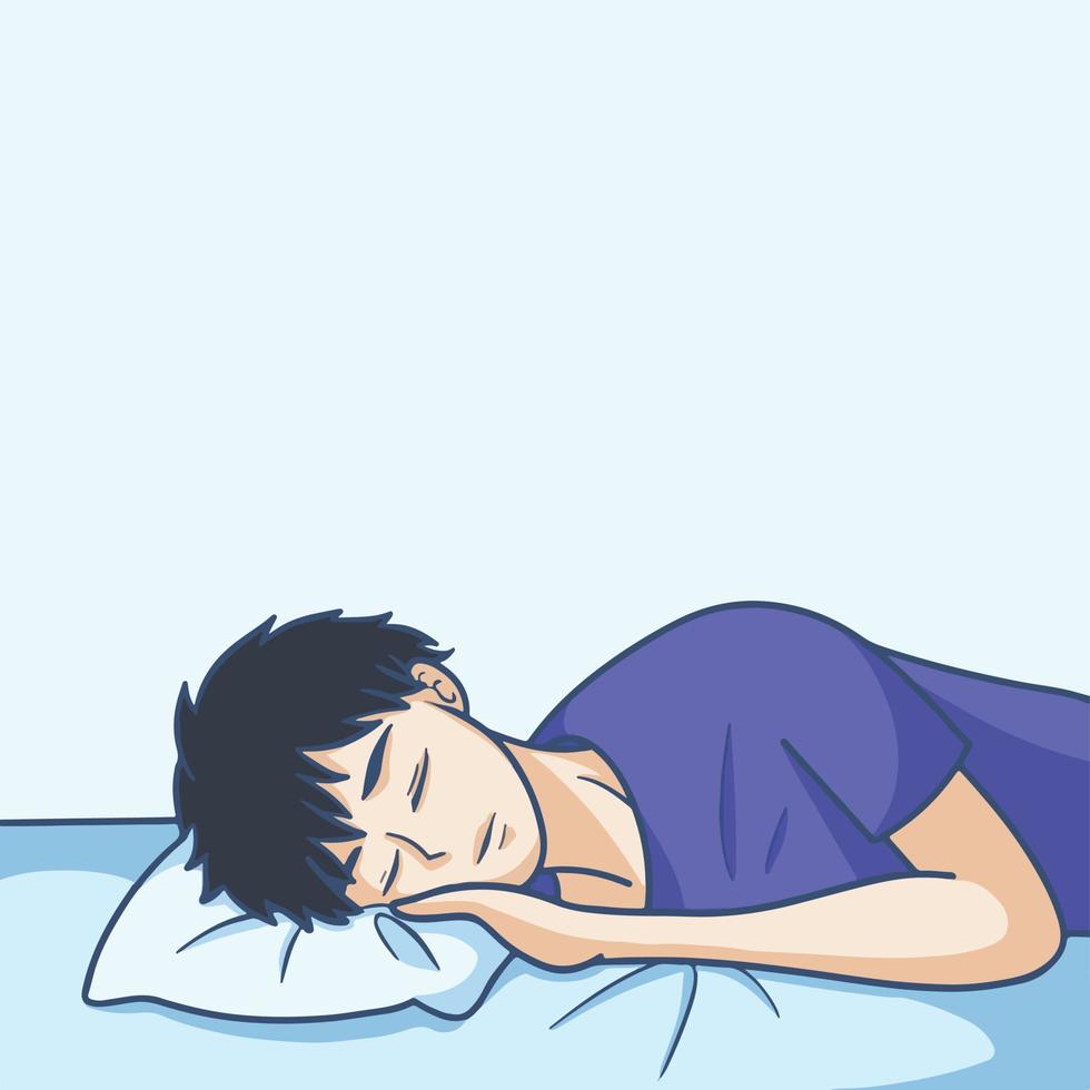 Sleeping male person with blue shirt and black hair on light blue bed with empty blank copy space for text. Cartoon manga art style with simple and clean flat line art. Full colored. vector