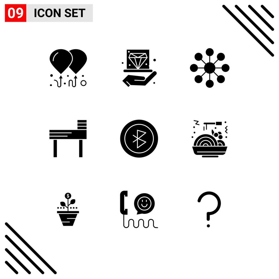 conjunto moderno de 9 pictogramas de glifos sólidos de la base de datos de conexión de comida china elementos de diseño vectorial editables de educación bluetooth vector