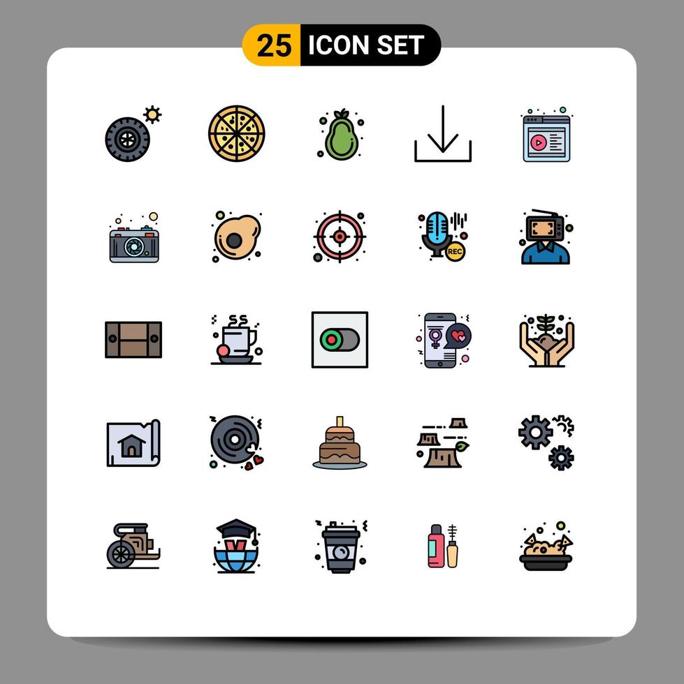 Group of 25 Filled line Flat Colors Signs and Symbols for lense camera pear website online Editable Vector Design Elements