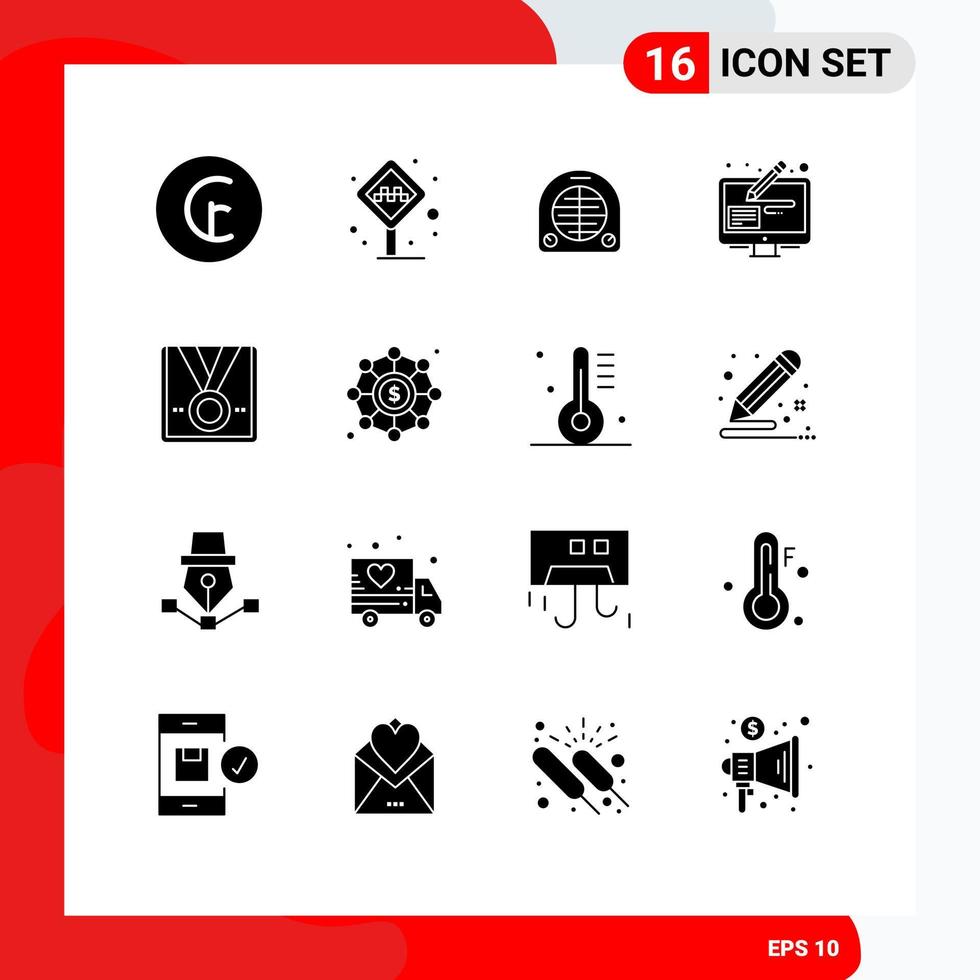 Mobile Interface Solid Glyph Set of 16 Pictograms of award graphic taxi stand edit home Editable Vector Design Elements