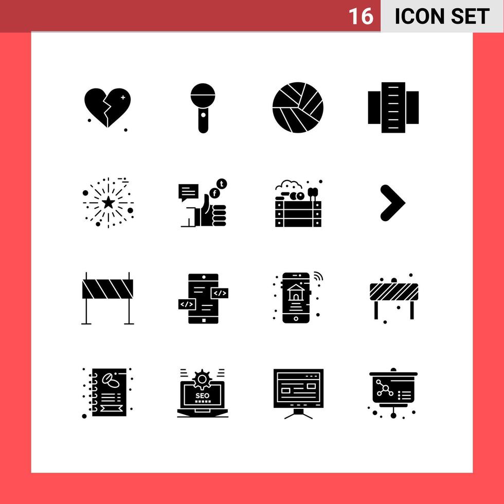 Group of 16 Modern Solid Glyphs Set for celebrate flats sound city building apartments Editable Vector Design Elements