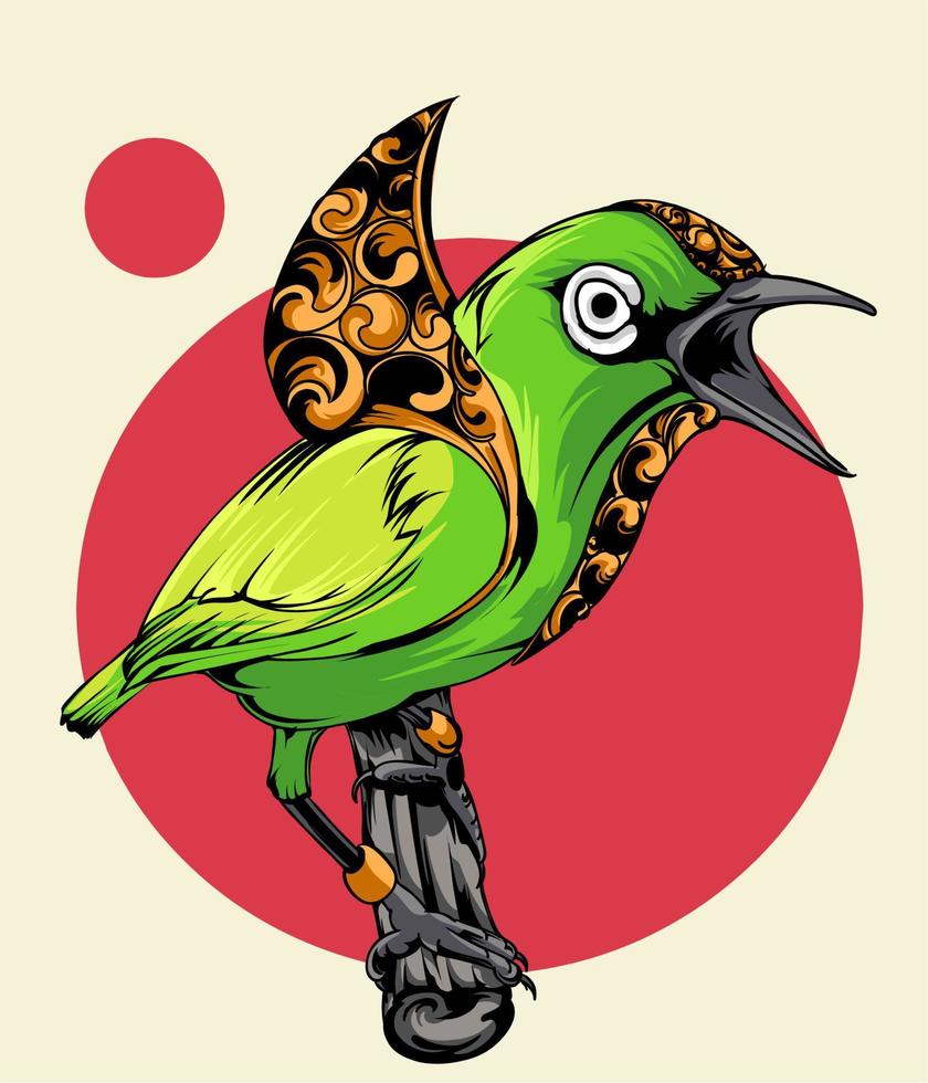 vector illustration, pleci bird in Indonesian, scientific name Zosterops, combination with Balinese ornament