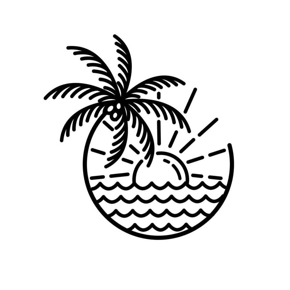 ola oceánica isla tropical y palmera logo línea arte vector ilustración