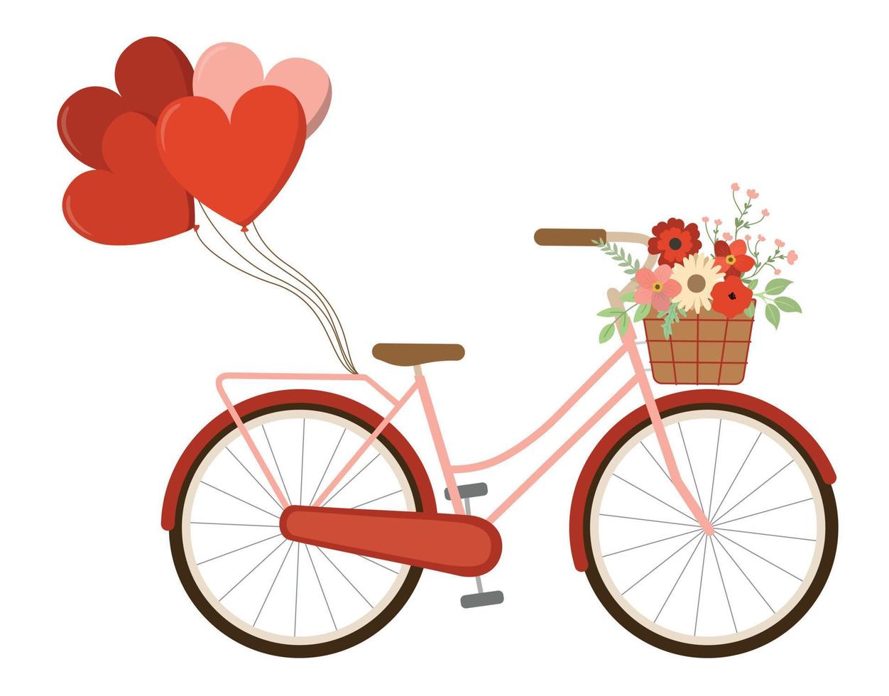 Spring romantic bike with heart shaped balloons and crate with flowers. Isolated on white background. Vector illustration. Valentines Day retro bicycle