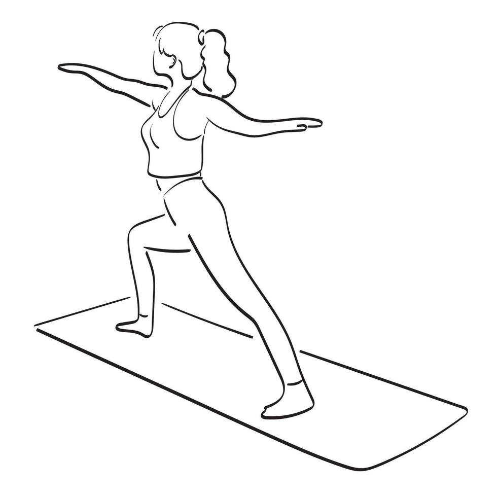 mujer haciendo yoga estirando los brazos en la ilustración de la alfombra vector dibujado a mano aislado en el arte de línea de fondo blanco.