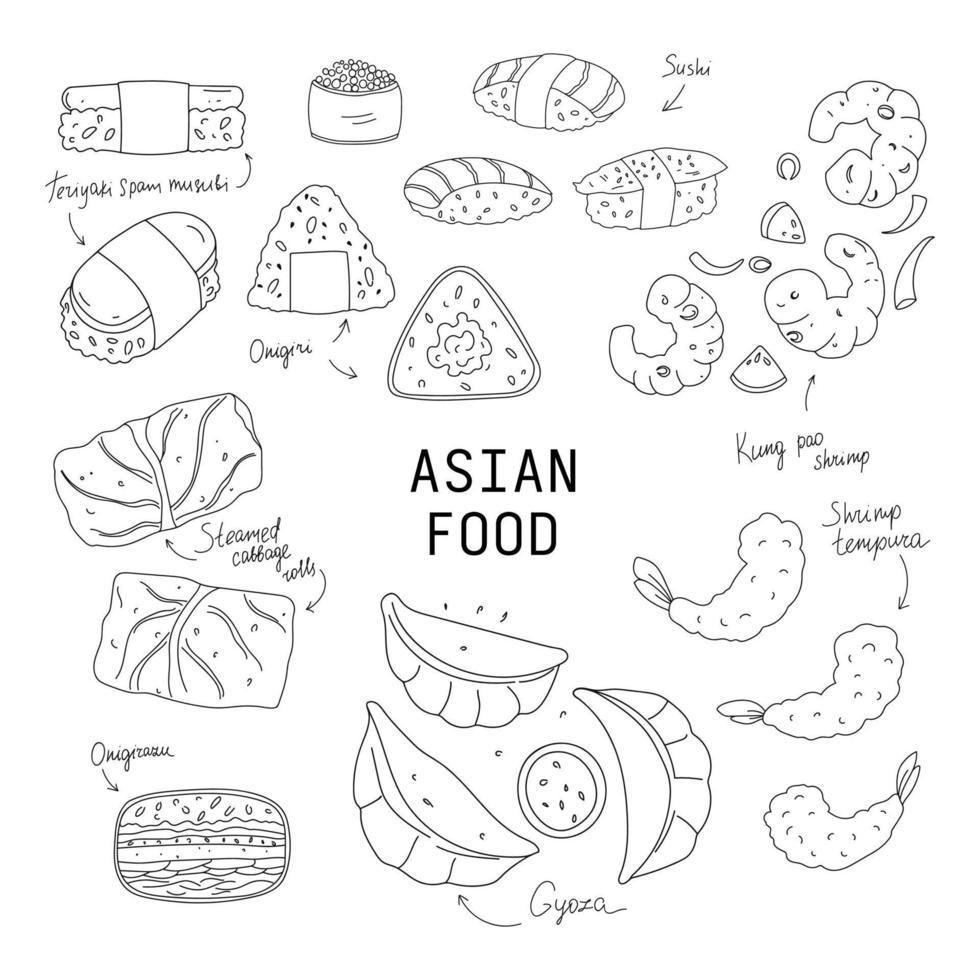 dibujado a mano diferentes juegos de comida asiática. ilustraciones en blanco y negro de la cocina asiática vector