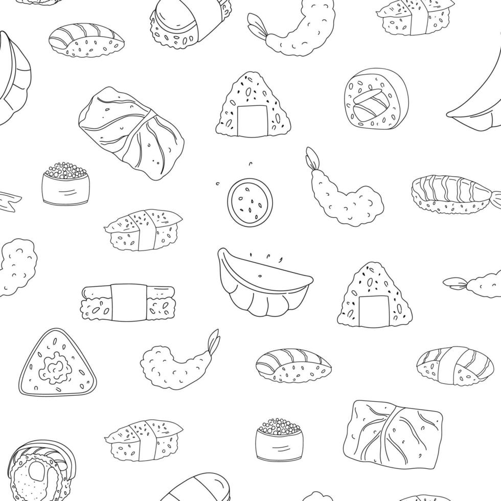 Asian food seamless pattern design. Outline vector illustration of dumplings, sushi, onigiri, tempura shrimps and cabbage rolls