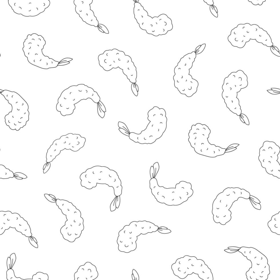 patrón sin costuras de camarones fritos en tempura japonesa. diseño simple en blanco y negro para papel textil o de regalo vector