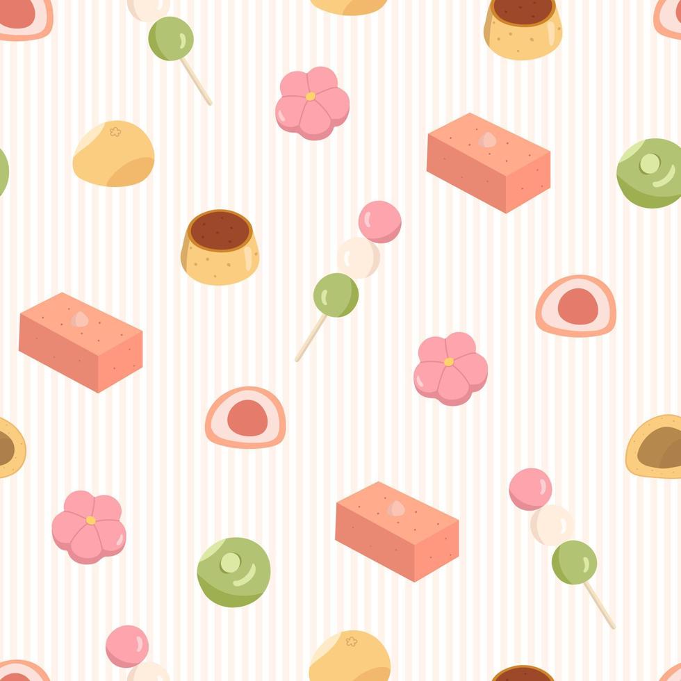 Seamless pattern with different japanese sweets like dango, mochi, wagashi, yokan, purin. Colorful asian desserts on the background with stripes vector
