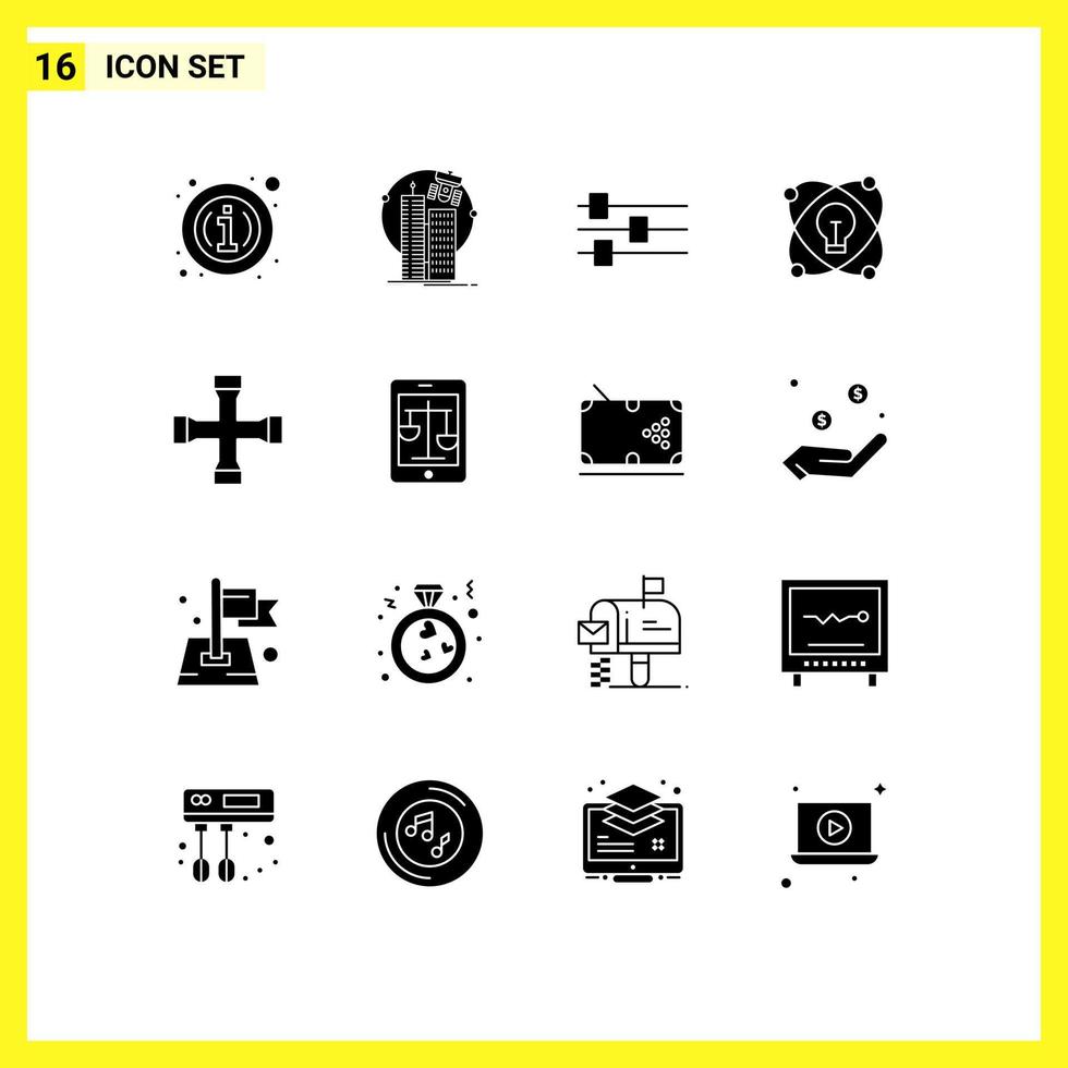 Modern Set of 16 Solid Glyphs and symbols such as cross wrench drawing corporation light idea Editable Vector Design Elements