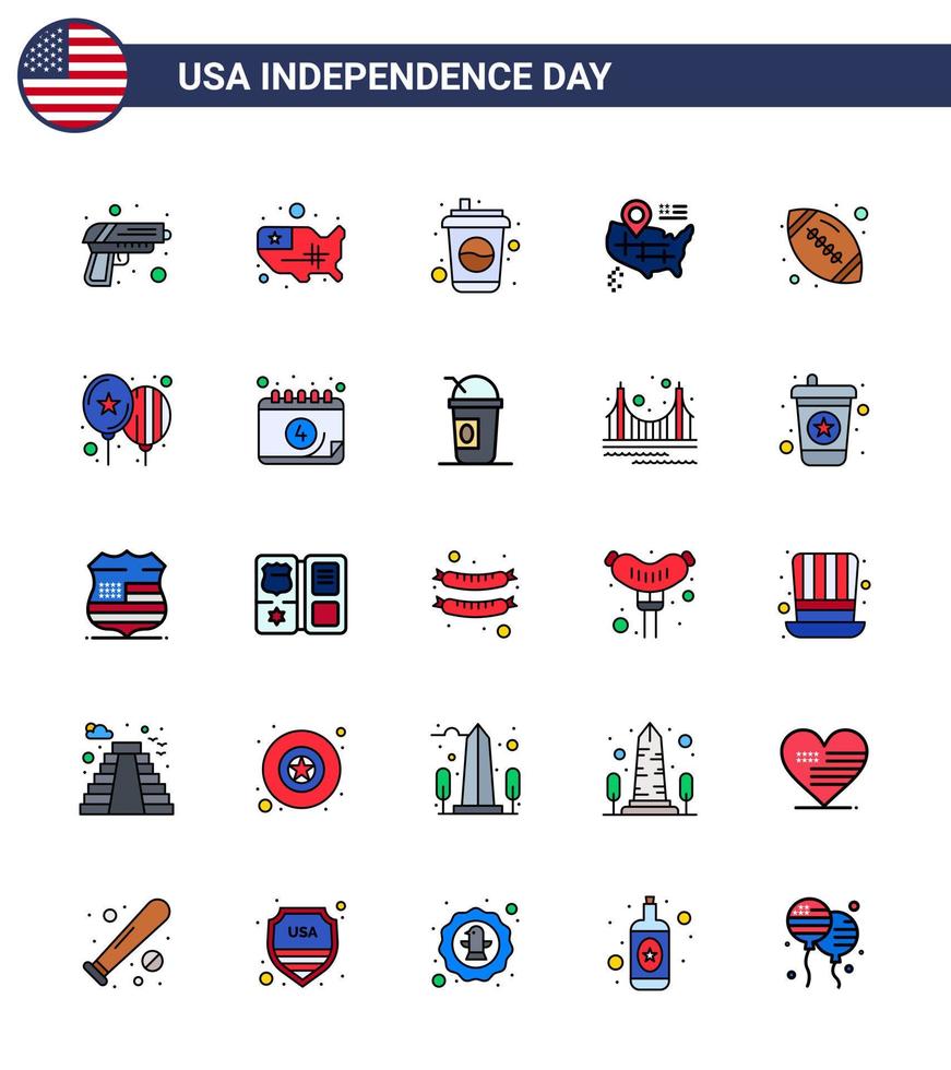 Happy Independence Day 25 Flat Filled Lines Icon Pack for Web and Print sports ball bottle american location Editable USA Day Vector Design Elements