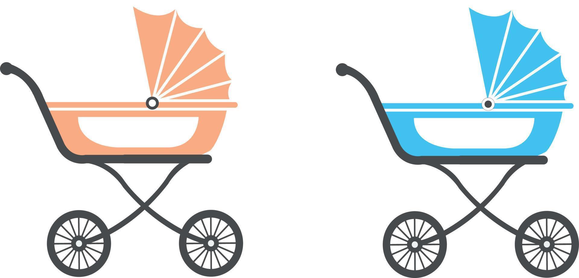 Set of different baby strollers. Modern baby carriages for twins and newborns. Hand drawn vector illustration isolated on colored background, flat