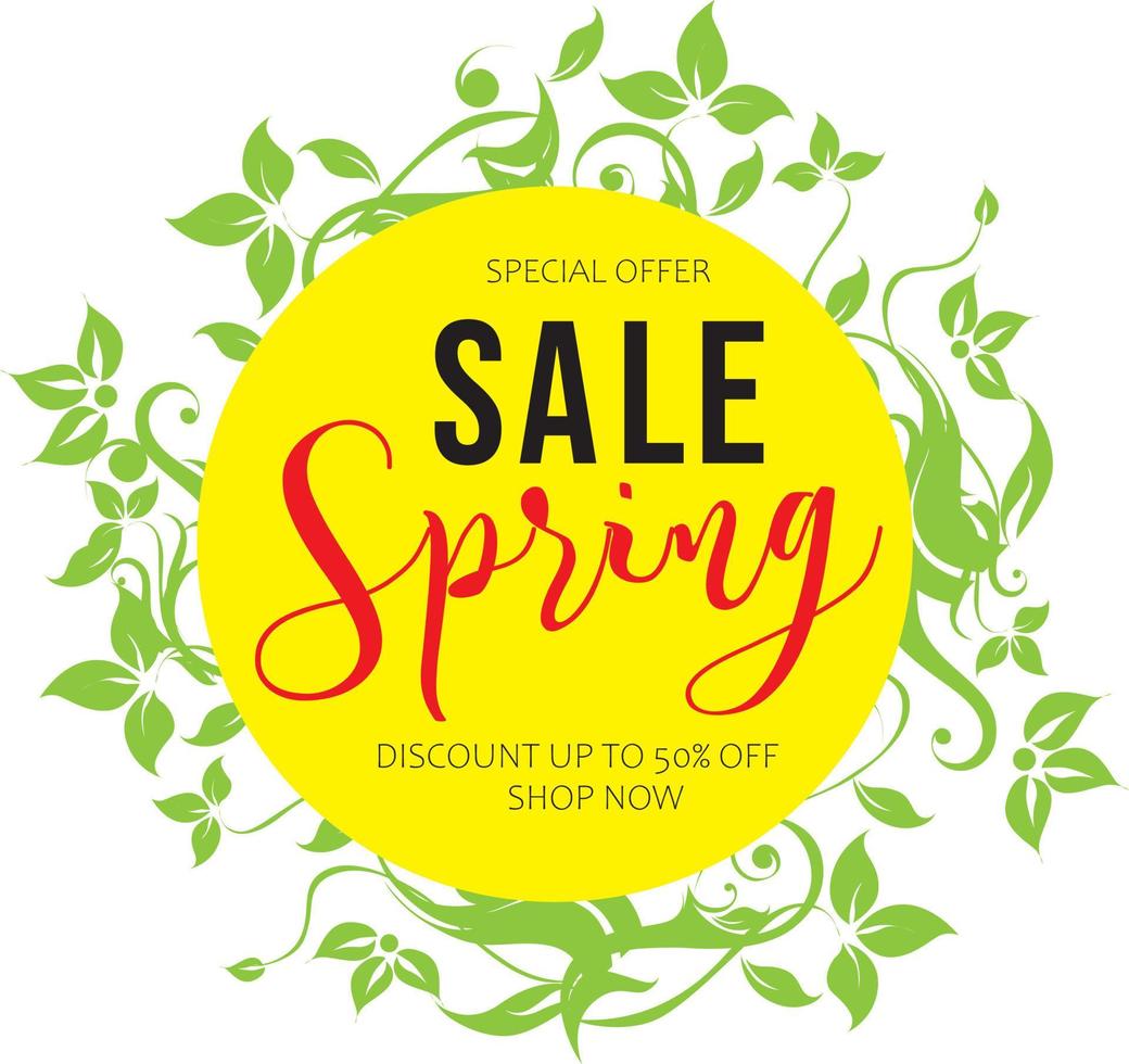 Floral spring design with white flowers, green leaves, eucaliptus and succulents. Round shape with space for text. Banner or flyer sale template vector