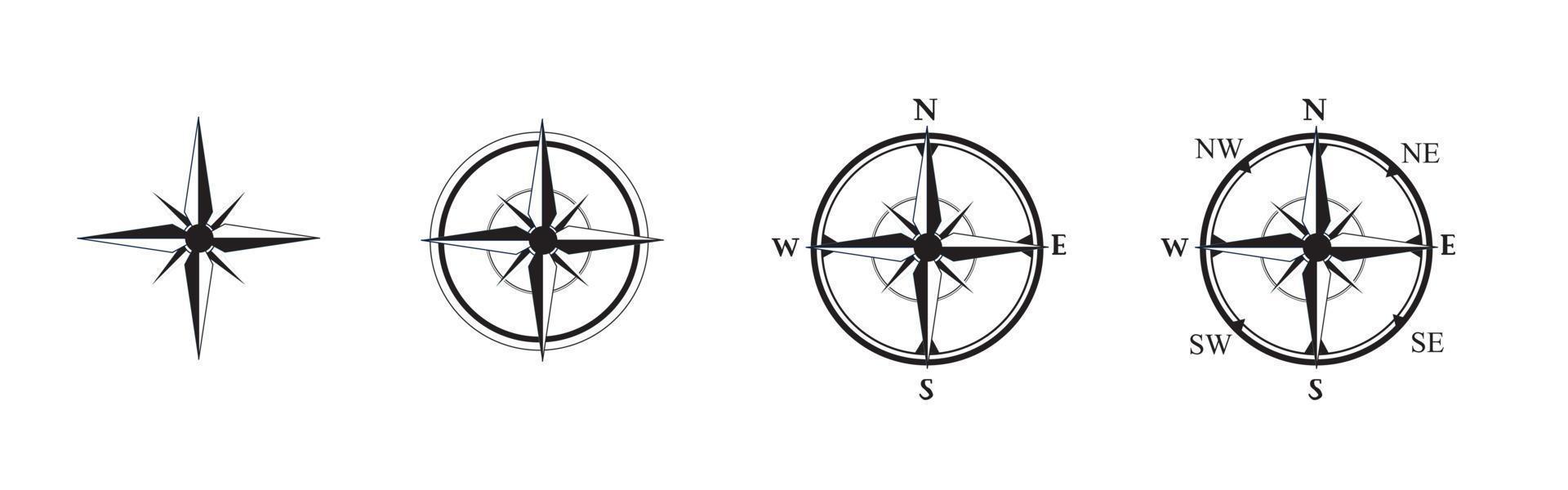 Compass black icon set . Wind rose signs. Cardinal compass symbols North, South, East, West. Isolated realistic design, vector illustration on white background