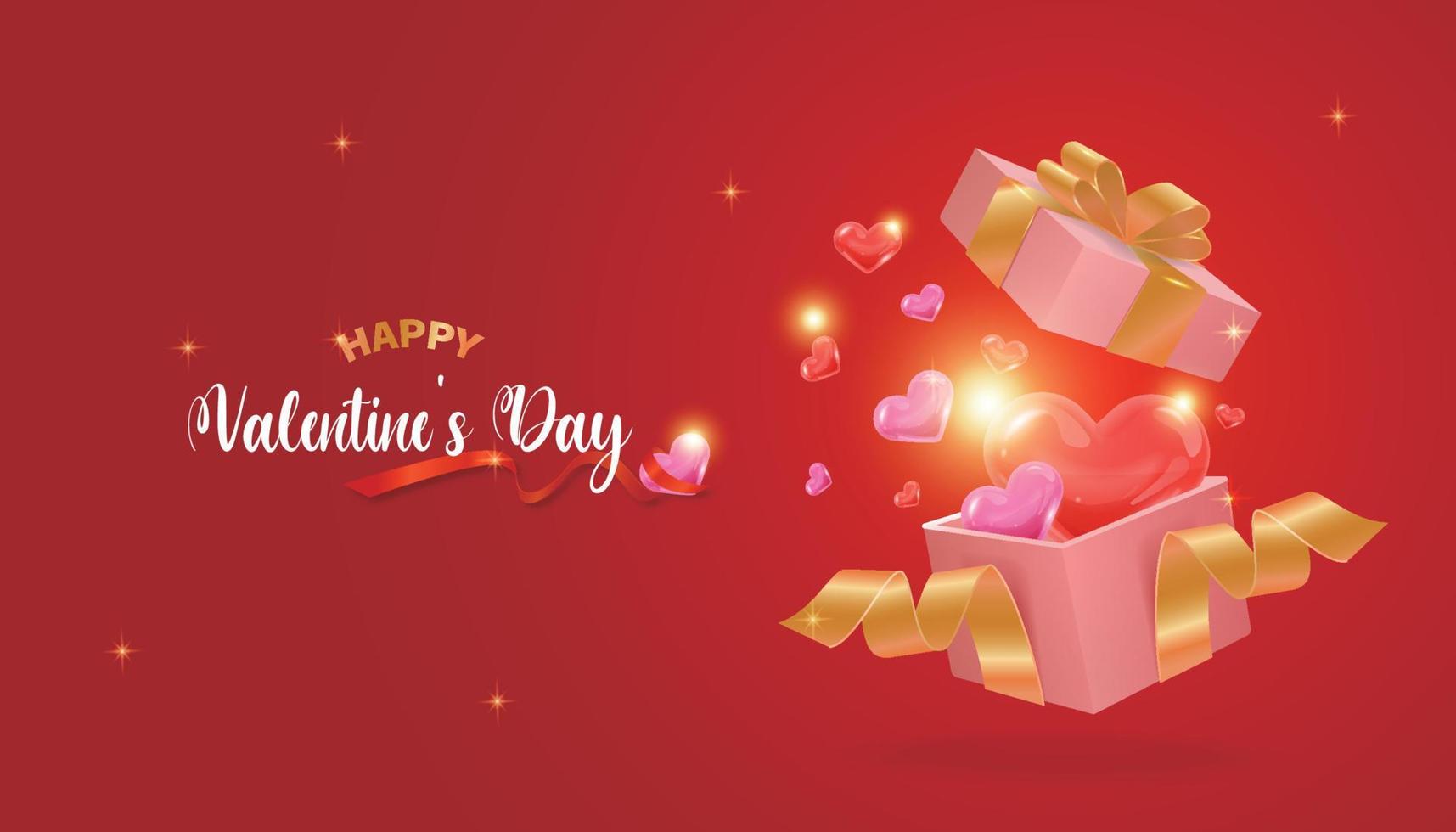 Red Valentine's day card with an open gift box with gold ribbon and hearts flying out of it vector