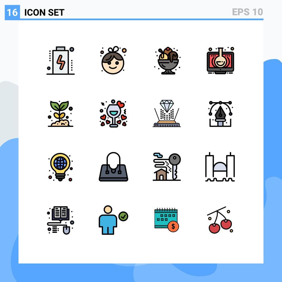 Paquete de 16 líneas llenas de colores planos de interfaz de usuario de signos y símbolos modernos de aprendizaje en línea educación de cumpleaños elementos de diseño de vectores creativos editables dulces