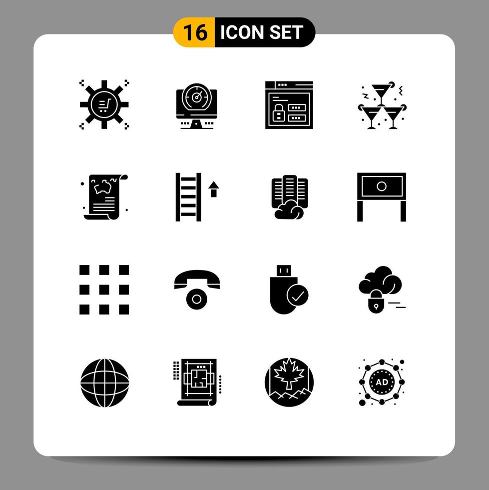 Set of 16 Commercial Solid Glyphs pack for news wine browser party alcohol Editable Vector Design Elements