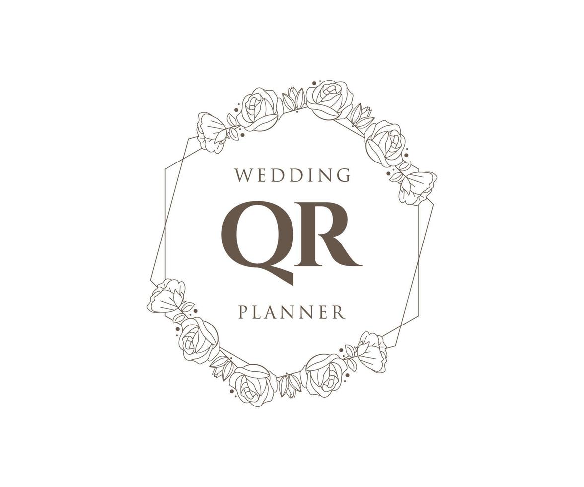 Colección de logotipos de monogramas de boda con letras iniciales qr, plantillas florales y minimalistas modernas dibujadas a mano para tarjetas de invitación, guardar la fecha, identidad elegante para restaurante, boutique, café en vector