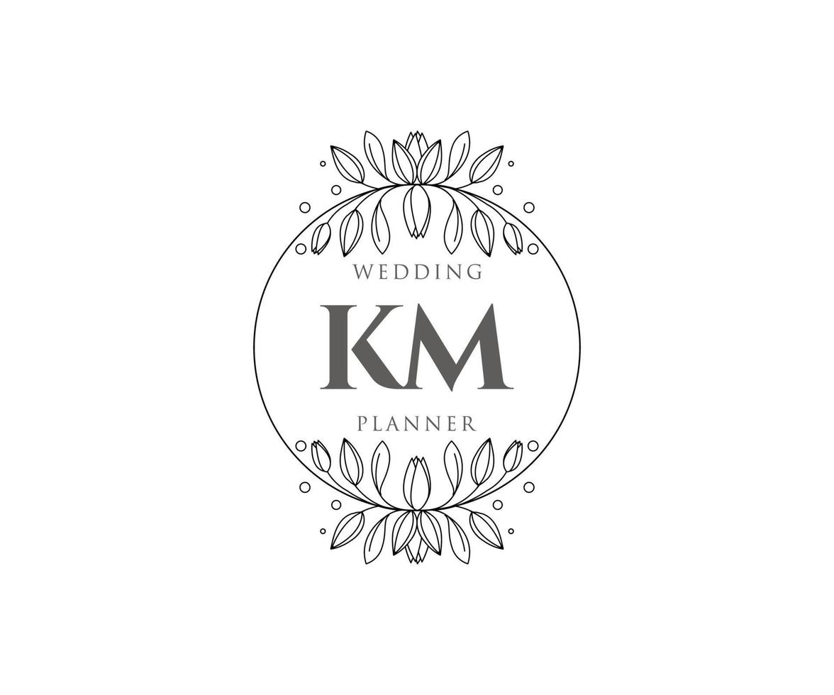 colección de logotipos de monogramas de boda con letras iniciales km, plantillas florales y minimalistas modernas dibujadas a mano para tarjetas de invitación, guardar la fecha, identidad elegante para restaurante, boutique, café en vectores