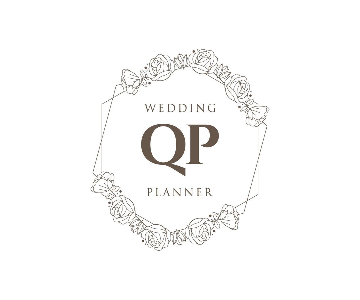 Colección de logotipos de monogramas de boda con letras iniciales qp, plantillas florales y minimalistas modernas dibujadas a mano para tarjetas de invitación, guardar la fecha, identidad elegante para restaurante, boutique, café en vector