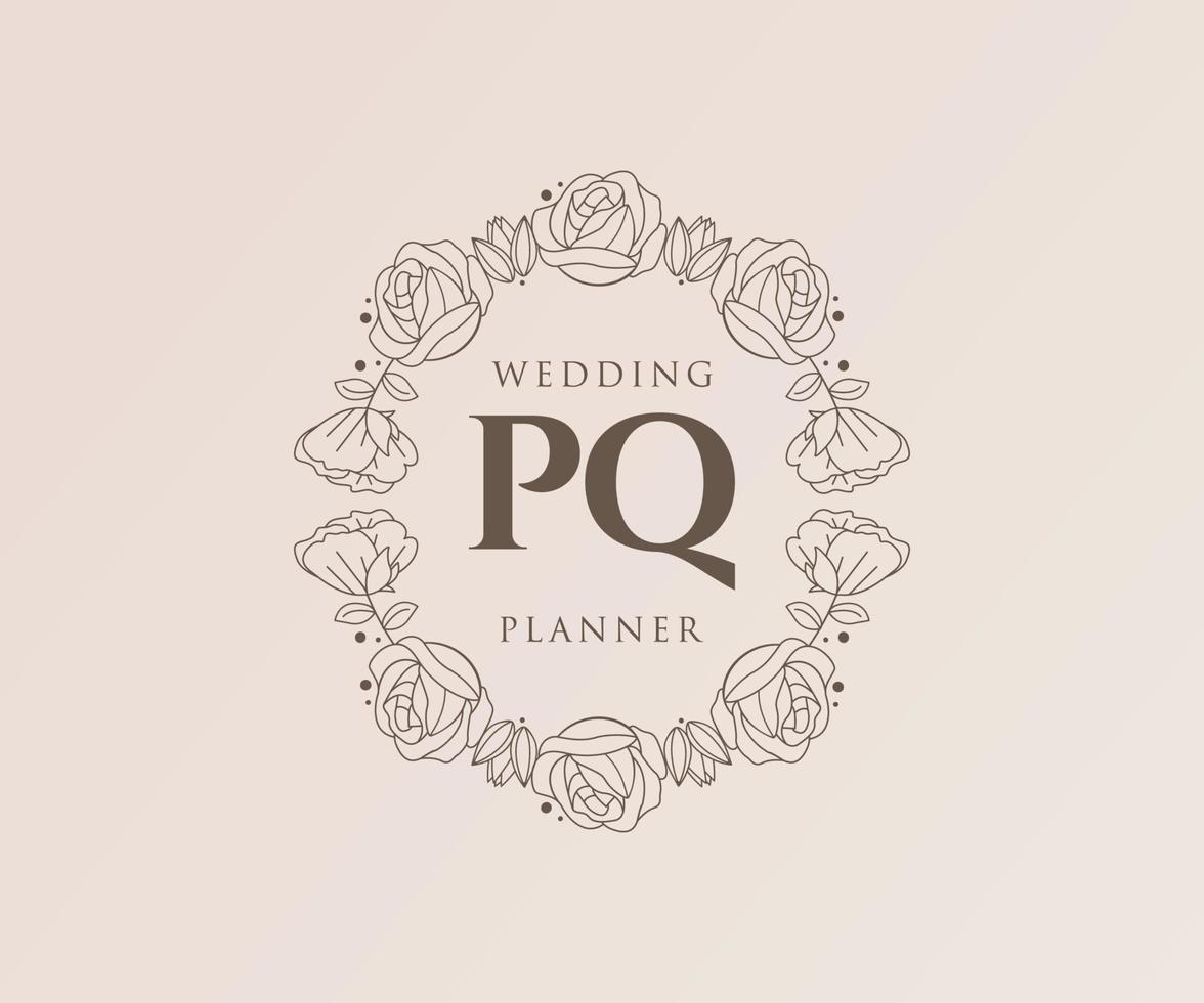 colección de logotipos de monogramas de boda con letras iniciales pq, plantillas florales y minimalistas modernas dibujadas a mano para tarjetas de invitación, guardar la fecha, identidad elegante para restaurante, boutique, café en vector